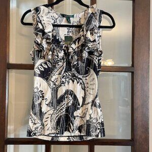 Lauren Ralph Lauren Black and White Paisley Sleeveless Ruffle Top, Size Small